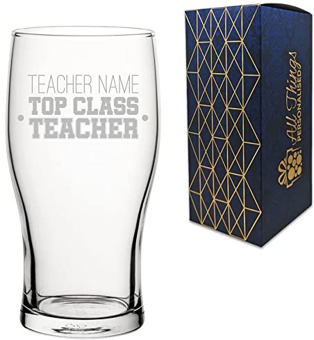 Personalised Engraved Teacher Gift Pint Glass with Top Class Teacher Design, Personalise with Any Name, Gift Box Included, Laser Engraved, Teacher End of Term School Gift