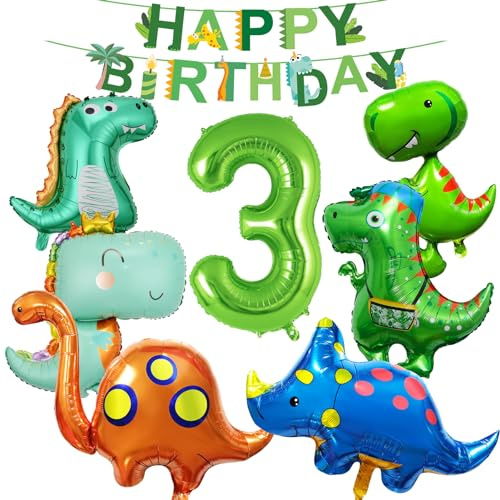 Dino Geburtstag Deko,3 Jahre Dino Luftballon Party Set für Geburtstagsdeko | Dino Deko mit Happy Birthday Banner Helium Ballons,Dinosaurier Folienballon Kindergeburtstag für Dschungel Partydeko