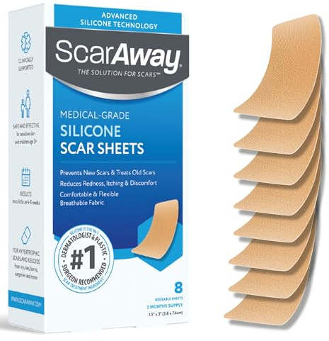 ScarAway Advanced Silicone Scar Sheets, Medical Grade Silicone Strips (1.5 x 3) Scar Treatment & Prevention for Surgical, Burn, Body, Hypertrophic & Keloid Scars Treatment, 8 Tan Reusable Sheets