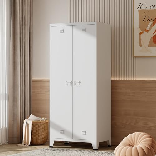 [en.casa] Armadio a 2 Ante per Guardaroba con Spazio Appendiabiti Scomparti Ripiani Rimovibili Armadio in Acciaio da Ingresso Camera da Letto 180 x 90 x 40 cm - Bianco