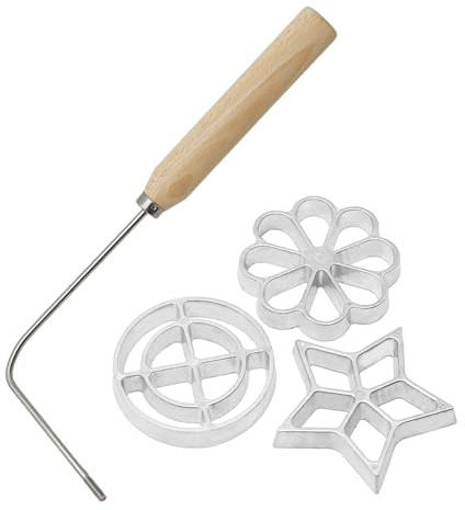 Rosette Iron with Wooden Handle Baking Tool, Stainless Steel Press Mold for Rosette Ravioli Empanada Cookie Cutters Waffle Making, Non-Stick Dough Press for Dumpling Skins