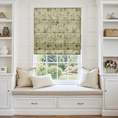 TWOPAGES No Drill Cordless Vintage Floral Print Roman Shades Linen Textured Roman Blinds for Windows, Custom Made Room Darkening Light Filtering Roman Window Shades, Vintage Linen, 1 Piece
