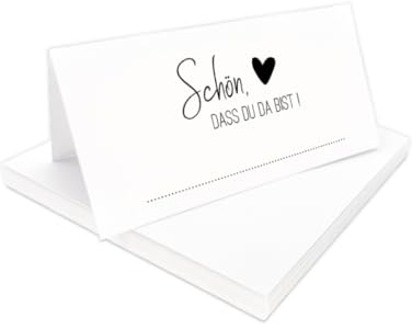 Tischkarten Schön, dass du da bist weiß mit Herz | Farbe wählbar | 25, 50, 100 Stück | selbst beschriften | Namensschilder, Platzkarten | für Hochzeit, Geburtstag uvm (Schwarz, 50)