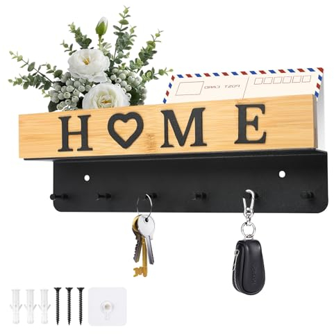 MaxAwe Holz Schlüsselbrett mit Ablage, Wand Schlüsselhalter Schlüsselregal mit 6 Edelstahlhaken Haken, Heim Dekor Wand Holztablett Schlüsselboard für Eingangsbereich, Flur, Küche, Büro, Wohnzimmer