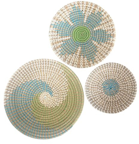 Cesta de pared tejida bohemia, 3 piezas para colgar en la pared, cestas planas redondas de hierba marina, cesta de pared rústica hecha a mano para decoración del hogar, dormitorio, sala de estar, casa