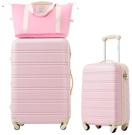 Merax Luggage sets of 2 Piece 20 28 IN Carry on Luggage Hard Case White Pink Luggage Expandable Checked Luggage Suitcase Set with Wheels