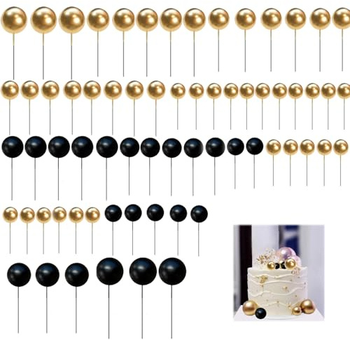 Uskerb 66 PCS Ball Cake Decorations - Black and Gold | Cake Topper Decorations for Wedding, Party, Birthday | Includes Various Sizes | Perfect for Cupcake Toppers & Cake Decorating