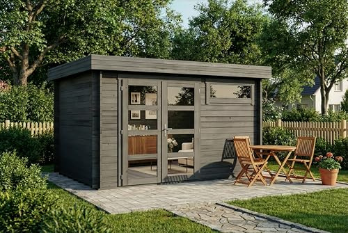 Alpholz Gartenhaus Leandro 394x268cm Imprägn. Grau mit Boden 28mm Wandst. | aus Holz (Nordische Fichte|Kiefer), Blockbohlenbauweise, Flachdach