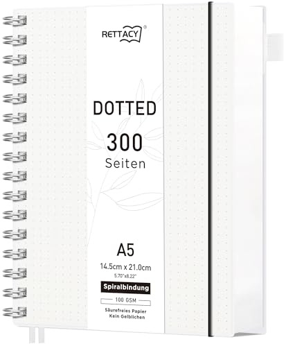 RETTACY Notizbuch A5 Dotted, 180°flach, 300 Seiten - Transparent | Bullet Journal, Softcover, 100g&m² Papier kein Durchschlagen, kein Ausbluten, Stiftschlaufe für Projektplanung & Büro