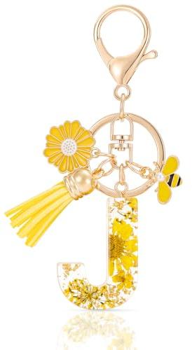 MWOOT Letter Keychain Initiale Schlüsselanhänger Buchstabe,Alphabet Harz Blume Key Chain mit Gänseblümchen Biene Quaste Anhänger Handtasche Geldbörse Charm,Gelb Blütenblatt Keyring für Frauen