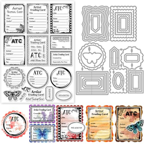 GLOBLELAND ATC Karten Clear Stamps Und Vintage Label Spitzenrahmen Schneidformen Set Für DIY Scrapbooking Kartenherstellung Dekorative Fotobuch Notizbuch