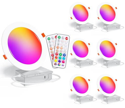 Recessed Lighting 6 Inch RGBCW Color Changing Canless LED Recessed Ceiling Light with Junction Box,16W 1350LM LED Downlight Dimmable by Remote Control, Memory, 3 Modes, Delayed Light Off, 6Pack