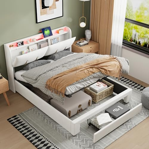 Polsterbett 140x200cm, hydraulisches Bett mit Ablagefläche, Doppelbett mit USB- und LED-Beleuchtung, Erwachsenenbett mit flachem Nudelsockel, Samt, beige weiß