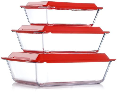 NUTRIUPS Set of 3 Deep Glass Baking Dish with Lids, 1.5+2.4+3.7Q Deep Lasagne Dish, Lasagna Dishes for Oven, Rectangular Glass Baking Dishes