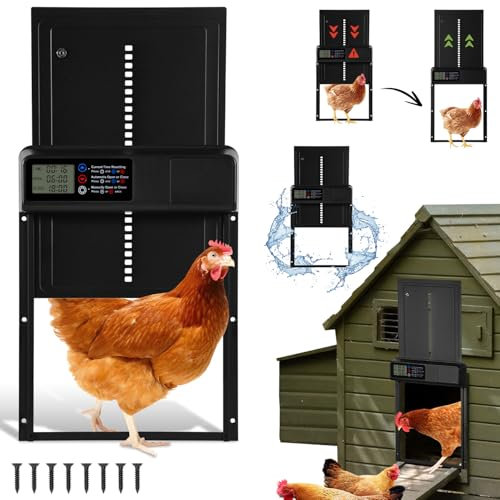 Fiqops Aluminum Automatische Hühnerklappe mit Batterie, Elektrische Wasserdichte Tür, Großes Display, Timer, Intelligenter Einklemmschutz, Schwarz