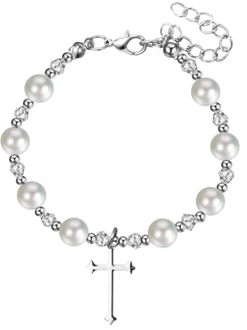 Cupimatch Bracelet Femme Perles Fantaisie: Bracelet Pendentif Croix Fantaisie Réglable Chrétien Bijoux Religieux avec Carte Confirmation - Cadeaux Anniversaire St Valentin