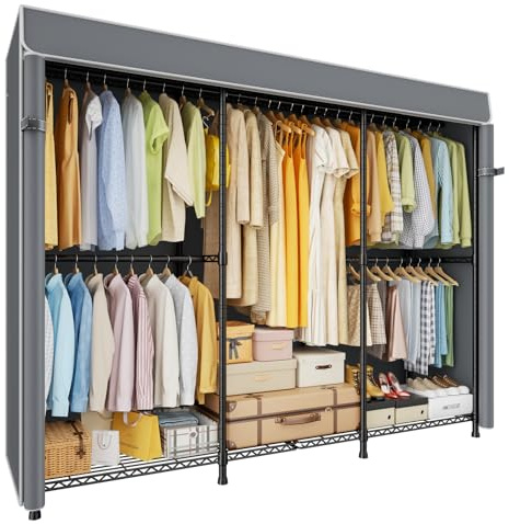 ULIFHOME E14C Pro Heavy Duty Closet Organizer System,Freestanding Clothing Racks for Hanging Clothes,Adjustable Garment Rack 69 W × 16 D × 77 H Hold 960 lbs,Black Rack with Grey Dustproof Cover