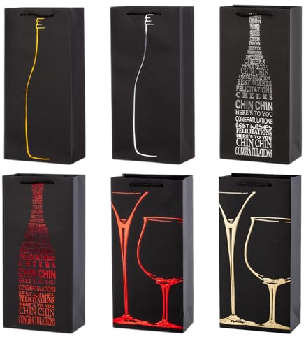 Sac Cadeau en Papier Kraft pour Vin, 6 Différent Sac à Doubles Bouteilles, Pochette à Vin pour Anniversaires, Mariage, Fête, Épais, Solide et Résistant, 35 x 17 x 9 cm