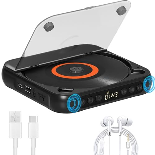 Portable CD Player with Bluetooth 5.3, Rechargeable Personal CD Player for Home, Built-in HiFi Speakers with Double Headphones Jack 2000mAh Battery LCD Display, Supports CD/AUX/USB and Repeat Modes