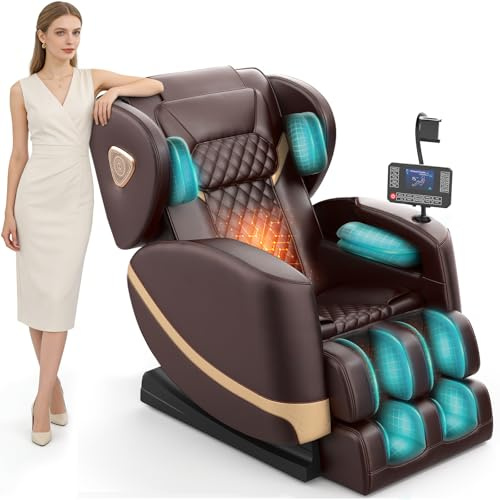 FURNIMAT Massagesessel Ganzkörper, mit 10 Massagerollen, Taillen- und Beinheizung, Fußmassage, Bluetooth-Lautsprecher, Touchscreen-Controller, Schwerelosigkeitsmodus. (Braun)