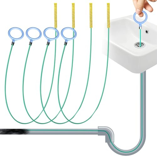 4 Stück Abflussreiniger Sticks, 90 cm Flexibel, mit Zugring | Lang Abfluss Spirale,Flexibles Abflussreiniger Haken,Edelstahldraht mit PVC, Reißfest Nylonkopf Greift Haare