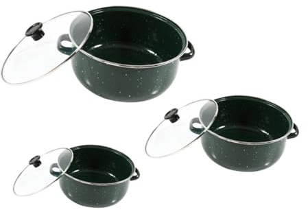 CONGARTENO Mini Enamel Stock Pot Set Lid, 3pcs Green Porcelain Cooking Pots for Boiling and Soup, Induction Compatible Small Casserole for Kitchen Use