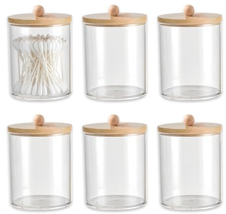 HUSOUE 6 stycken bomullspinnar, behållare, akryl kosmetika arrangör öronstavar behållare med bambu lock förvaring badrum för kosmetika liten Q Tip behållare smycken tandtråd