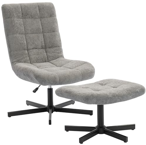 HOMCOM Sillón con reposapiés, sillón giratorio de terciopelo sin reposabrazos, altura regulable, respaldo reclinable en 4 posiciones, asiento acolchado, sillón reclinable para salón y dormitorio, gris