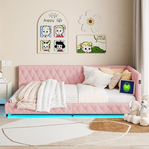 BursDany Lit Enfant Rembourré 140x200 cm à Éclairage LED et Ports USB/C, Canapé Lit en L pour Filles et Adolescents, Peluche Rose(sans Matelas)