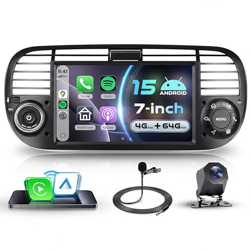 VECHTEL 4G+64G Autoradio Android 15 per FIAT 500 2007-2015, 7 Pollici IPS HD Schermo Tactile co Carplay Android Auto senza Fili, Stereo Auto co GPS Wi-Fi USB/Tipo-C Bluetooth Radio FM RDS Retrocamera