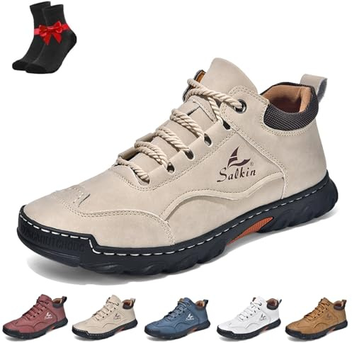 Läderstövlar för Herren Casual Vintage - Höga Stövlar med Snörning, Lätta och Halksäkra Körskor(Beige,39 EU)