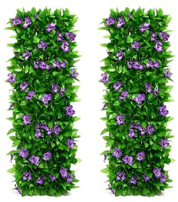 Expanding Garden Trellis Panels,200x40cm Expandable Fence Screening with Artificial Ivy and Violet Flower,Privacy Screen Garden,Fence Screening,Garden Greenery Leaf Backdrop Decoration (2pcs)