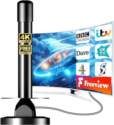Indoor TV Aerial for Freeview & Freeview HD, Digital HD TV Aerial with 360° Reception, Strong Signal Magnetic Base, Supports 4K/1080P, Plug & Play for Smart & Older TVs, 5m Coaxial Cable