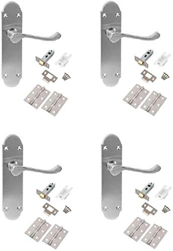 Golden Grace Epsom Victorian Scroll Latch Handles, Satin Chrome, 4 Sets | Includes 3-inch hinges with matching screws and 63mm tubular fittings, sized to fit a 168 x 42mm shaped backplate.
