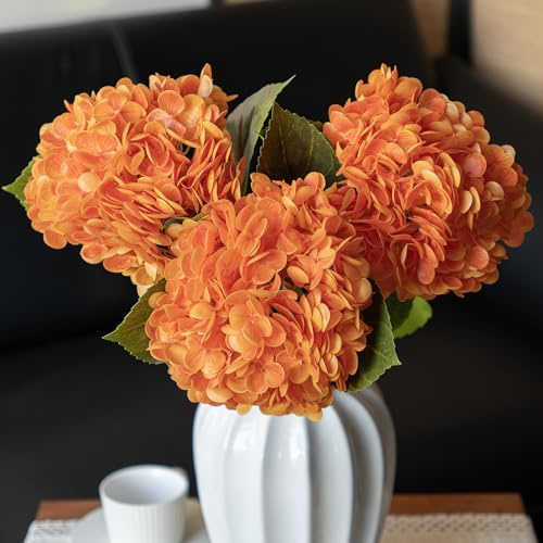 DUYONE Lot de 3 grandes hortensias artificielles réalistes au toucher réaliste de 56 cm - Fleurs sèches pour extérieur, mariage, Noël, bureau, fête de famille, salon, décoration de table (orange)