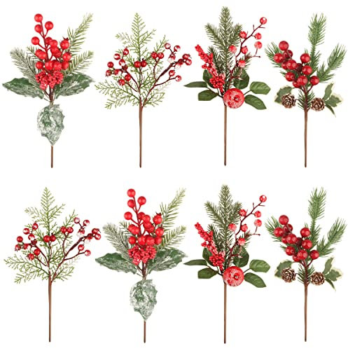 Songjum 8 Pezzi Rami di Natale Artificiali per Decorazione, Rami di Natale con Bacche Rosse Pin Rami di Pino Decorazione con Pigna Ago di Pino per Ghirlande di Natale Decorazioni per Vasi per la Casa
