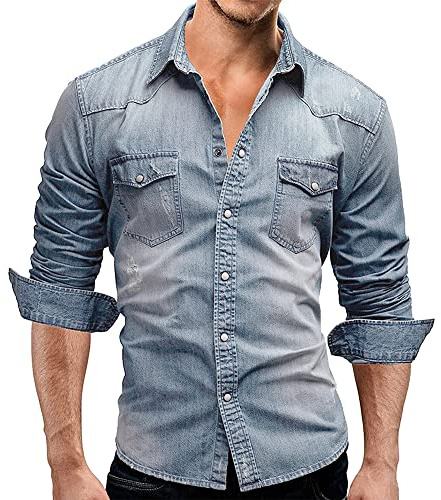 Camicie di jeans da uomo Camicia casual abbottonata slim fit Top in cotone elasticizzato manica lunga Camicia di jeans kingsize Camicie di jeans casual abbottonate da uomo elegante a maniche lunghe