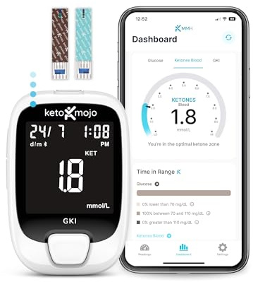 KETO-MOJO GKI Kit Bluetooth per test di glucosio e chetoni + APP gratuita, 20 strisce reattive (10 ciascuna), misuratore, 20 lancette, dispositivo di puntura e soluzioni