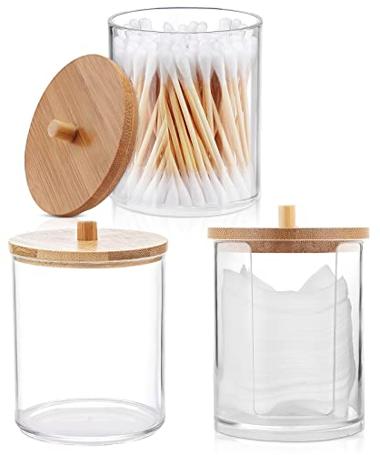 HENGBIRD 3 Stk Wattestäbchen Wattepads Aufbewahrung Behälter mit Bambusdeckel, Kleine Runde Wattepadspender Acryl Kosmetikpads Ohrstäbchen Spender Make Up Organizer für Schminktisch Badezimmer
