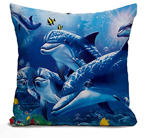 Tomda Blue Sea World Kissenbezug, Korallen-Delfin, Baumwolle, Jute, Leinen, Kissenbezug, Sofa, Outdoor, dekorativ, quadratisch, 45 x 45 cm