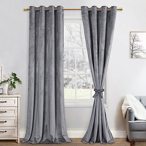 JIUZHEN Verdunklungsvorhang Samt Blickdichte Gardinen Samtvorhang | 2er Set mit Ösen für Schlafzimmer,140x280cm (Breite x Höhe),Grau