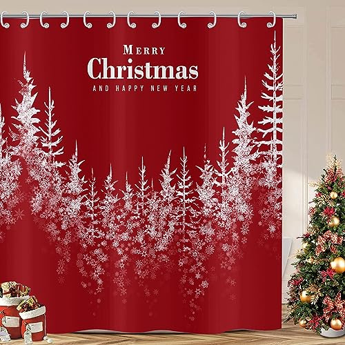 ASDCXZ Tenda da doccia natalizia, 90 x 180 cm, colore rosso, per festa di Natale, neve, albero di Natale, bagno, lavabile, in poliestere, impermeabile, per vasca da bagno con 6 ganci