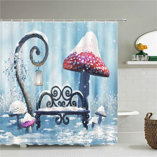 Tenda Doccia 150x160cm Tenda Vasca da Bagno Antimuffa Impermeabile Antibatterica Poliestere Lavabile in Lavatrice 3D Tenda Esterno con 12 Ganci per Famiglia Appartamento Hotel Decor Fungo di neve
