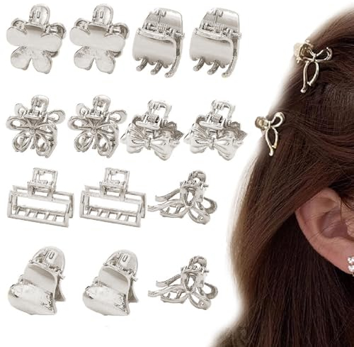 Kireida® 14 horquillas pequeñas plateadas para cabello fino y mediano, de metal, para mujeres y niñas, de tamaño mediano, antideslizantes, para pelo corto