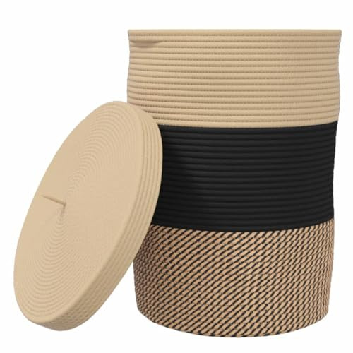 vidaXL Förvaringskorg med lock svart och beige Ø37x50 cm bomull, fruktkorg, äggkorg, leksaksförvaringskorg, leksakskorg, grönsakskorg