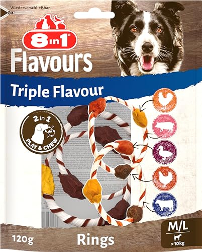 8in1 Triple Flavour Rings M/L Snacks für Hunde - Kausnacks zum Spielen und Kauen mit extra viel Fleisch, 120g Beutel (2 Doppelringe)