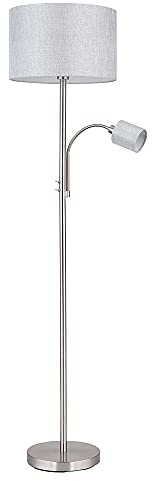 GLOBO Deckenfluter mit Leselampe Stehlampe Wohnzimmer, Textil grau, 2 Schalter mit beweglicher Leseleuchte, 1x E27 1x E14, DxH 40 x 170 cm