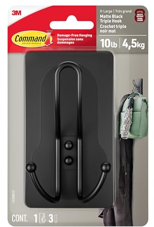 Command X-Large Matte Black Triple Hook, 1 Hook, 3 Strips, Damage-Free Hanging with Adhesive Strips, No Tools Wall Hook for Hanging Decorations in Living Spaces