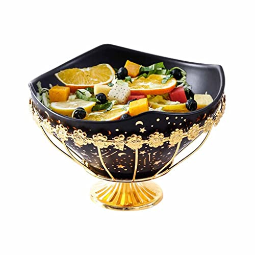 Ensaladera de frutas de cerámica, frutero redondo grande con marco de hierro de encaje hueco, tazón multiusos para servir, adecuado para ensaladas, sopas, postres, frutas, pastas (color: negro)