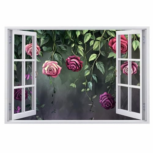 3D Wandtattoos Rose Wandaufkleber Durchbruch Wanddeko Rote Rosenpflanze Selbstklebend Wandbild für Kinderzimmer Junge Teenager zimmer Schlafzimmer Wandsticker Kleinkinderzimmer Deko